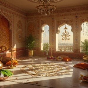 A serene Indian home interior seamlessly blending traditional Vastu elements with contemporary design, captured in Madhubani art style with modern digital finishing. The center features a sacred geometrical yantra pattern in gold inlay on a pristine marble floor. Natural sunlight streams through ornate jharokha windows, casting sacred geometric shadows. A copper kalash with mango leaves and coconut sits in the northeast corner, while a peaceful water feature flows in the north. The east wall showcases a sunrise motif in warm saffron and gold. Crystal prisms hang by the windows, creating rainbow refractions. Indoor plants with brass planters occupy the southeast. The space features rich peacock blues, earthy terracotta, and soft golden hues. Intricate mandala patterns adorn the walls, complemented by modern minimalist furniture in sustainable materials. The room radiates positive energy with subtle elements like copper bells, brass diyas, and sacred symbols etched in contemporary style. Soft ambient lighting creates a warm, welcoming atmosphere. The composition maintains perfect symmetry and balance, with every element placed according to Vastu principles, rendered in a photorealistic style with ethereal lighting.