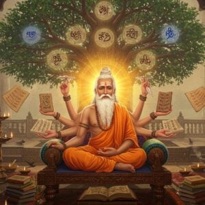A majestic elderly Indian sage with long white beard, wearing traditional saffron dhoti and angavastram, seated in padmasana on an intricately carved wooden seat, surrounded by ancient palm leaf manuscripts. He's illuminated by golden divine light, with multiple translucent ethereal hands emerging from his aura, each holding different philosophical texts representing various schools of thought. The background features a massive Madhubani-style tree of knowledge with branches forming intricate mandalas. Floating mystical symbols of Nyaya, Vedanta, and Samkhya philosophies in rich peacock blue and deep maroon circle around him. The scene is set in an ancient Indian scholarly setting with oil lamps casting warm glows, Sanskrit manuscripts floating in spiral patterns, and subtle geometric patterns inspired by temple architecture. Soft rays of morning sun filter through ornate temple windows, creating a dreamy, timeless atmosphere. The art style combines hyperrealistic digital rendering with traditional Pattachitra patterns, emphasizing both wisdom and transcendence.