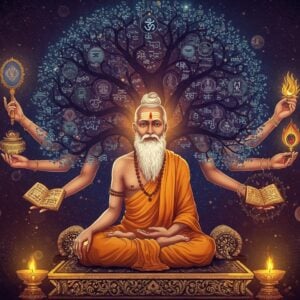 A serene Indian sage with silver hair and traditional dhoti seated in padmasana on an ornate marble platform, surrounded by floating ancient Sanskrit manuscripts and geometric mandalas. The sage's face shows deep wisdom with a gentle expression, illuminated by golden light. Behind him, a cosmic tree of knowledge with branches made of shimmering philosophical concepts and interpretations in abstract forms. The tree's roots transform into modern circuit board patterns, symbolizing the connection between ancient wisdom and contemporary thought. Swirling energetic patterns in deep indigo and gold connect various philosophical symbols - the Advaita symbol, Buddhist wheel, and modern scientific diagrams. Multiple ethereal hands emerge from the background, each holding different symbolic items: a mirror (reflection), a lotus (wisdom), a book (knowledge), and a flame (enlightenment). The scene is rendered in a fusion of traditional Madhubani art style with modern digital art techniques, using rich colors like deep maroon, royal blue, and burnished gold. Soft glowing orbs of light float around the composition, creating a mystical atmosphere. The background features subtle sacred geometry patterns in metallic gold.