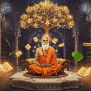 A serene Indian philosopher in traditional dhoti and angavastram, seated in padmasana on an ornate marble platform, surrounded by floating, luminous Sanskrit manuscripts and ancient palm leaves. His face radiates wisdom with a gentle expression, grey beard, and tilak on forehead. Above him, a large, ethereal golden tree of knowledge spreads its branches, each containing glowing spheres representing different philosophical schools. The scene is set in a mystical library with intricately carved pillars featuring Madhubani-style patterns. Swirling energy patterns in deep indigo and gold connect different philosophical concepts. Soft light filters through crystal prisms, creating rainbow halos. The background features subtle mandalas and Vedic mathematical symbols in metallic copper tones. The overall composition follows a spiral pattern, drawing the eye inward. Multiple translucent layers of reality fade into each other, suggesting deep contemplation and metaphysical understanding. Art style combines hyperrealistic details with ethereal digital effects, maintaining a sophisticated and scholarly atmosphere.