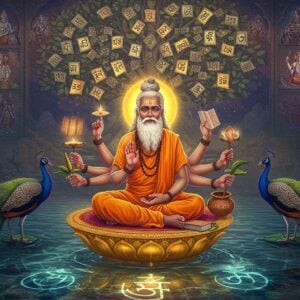 A majestic, elderly sage with dark complexion, wearing saffron robes and sacred thread, sitting in padmasana on a golden lotus platform floating above crystal-clear waters. He has a flowing white beard, serene expression, and a prominent tilak on his forehead. Four arms holding palm leaves, peacock feather quill, sacred texts, and a kamandalu. Behind him, a massive ethereal tree of knowledge with glowing manuscripts as leaves in Devanagari script. The scene is illuminated by soft, divine light with floating mandalas. In the background, intricate Madhubani-style storytelling panels showing glimpses of the Mahabharata war, Krishna's counsel, and vedic teachings. The color palette combines deep maroons, celestial blues, and metallic golds. Surrounding him are mystical peacocks with elaborate feathers incorporating traditional Indian patterns. The water below reflects a constellation of stars forming ancient Sanskrit symbols. Hyperrealistic digital art style with strong spiritual undertones, detailed texturing, and dramatic lighting that emphasizes the divine wisdom emanating from the sage.