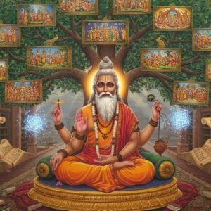 A majestic portrait of Sage Veda Vyasa seated in padmasana on a golden lotus platform, his deep brown skin glowing with divine radiance, wearing saffron robes with intricate Madhubani patterns. His flowing white beard and hair adorned with forest flowers, four ancient manuscripts floating around him emanating ethereal blue light. In his four hands, he holds a golden pen, palm leaves, a kamandalu, and prayer beads. Behind him rises a massive cosmic tree with branches made of Sanskrit verses in glowing golden script. The tree's leaves are miniature scenes from the Mahabharata, rendered in traditional Pattachitra style but with modern digital glow. Peacocks with illuminated feathers perch on the branches. The background features a grand library stretching infinitely, with floating scrolls and ancient texts creating spiral patterns. Soft rays of morning sunlight filter through, creating a mystical atmosphere. The color palette combines deep maroons, celestial blues, and burnished gold. The scene is rendered in a style merging classical Indian miniature painting with contemporary digital art techniques, creating a surreal and timeless quality.