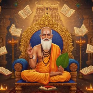 A majestic portrait of Vedanta Desika as a distinguished elderly Indian sage with a serene expression, seated in padmasana on an ornate golden throne decorated with Vaishnava symbols. He wears traditional white dhoti and angavastram with Vishnu's namam on his forehead. In his right hand, he holds a palm leaf manuscript, while his left hand is in chin mudra. Behind him rises a large, ethereal Vishnu temple gopuram in soft golden light. The background features intricate Madhubani-style patterns with peacocks, lotuses, and Vedic mathematical symbols. Multiple floating manuscripts with Sanskrit texts surround him, emanating a subtle divine glow. The scene is framed by two towering pillars with carvings of Garuda and the Thiruman Namam symbol. The color palette combines deep maroons, peacock blues, and saffron with modern gradient effects. Soft light particles and mystical energy streams flow through the composition. The art style merges traditional Pattachitra techniques with contemporary digital art, creating a harmonious blend of ancient wisdom and modern aesthetics. The overall composition creates a sense of profound knowledge and spiritual authority.