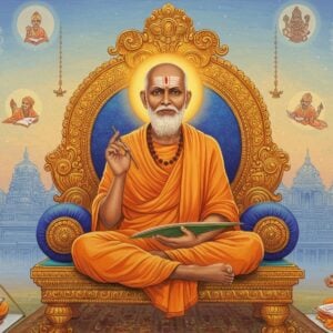 A serene, ethereal portrait of Vedanta Desika as a distinguished elderly Indian sage with traditional tilak mark, seated in padmasana on an ornate golden throne decorated with intricate Vaishnava symbols. He wears saffron robes with detailed Madhubani-style border patterns. His right hand holds a palm leaf manuscript while his left hand is in chinmudra. Behind him, a large, luminous Sri Vaishnava Namam (tilak) symbol floats in the air, emanating soft golden light. The background features a modern interpretation of the Venkateshwara temple architecture blending into contemporary cityscape silhouettes. Floating mandalas and yantra patterns in peacock blue and gold surround him. Small vignettes showing modern students studying his texts appear as glowing orbs around him. The overall scene has a dreamy quality with soft gradient lighting in pastel blues and warm golds. The art style combines traditional Thanjavur painting techniques with modern digital art aesthetics, creating a bridge between ancient wisdom and contemporary culture.