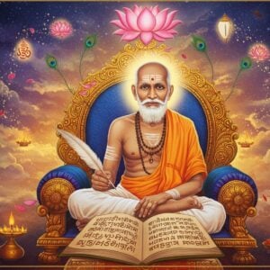 A serene portrait of an elderly Indian sage Vedanta Desika seated in padmasana on an intricately carved golden throne, wearing traditional white dhoti and angavastram with sacred thread. His right hand holds a golden quill pen while his left hand rests on ancient palm leaf manuscripts. Around him floats a mystical arrangement of symbolic elements: a lotus mandala in soft pink and gold, Sanskrit texts transforming into ethereal light particles, peacock feathers, and temple spires. The background features a cosmic blend of deep indigo and saffron hues with floating Vaishnava symbols like the conch and chakra rendered in luminescent gold. Delicate patterns inspired by Madhubani art frame the scene, incorporating motifs of Tamil and Sanskrit scripts seamlessly integrated into decorative elements. The lighting is divine and otherworldly, with soft halos and subtle light rays emerging from the manuscripts. The sage's face radiates wisdom and compassion, with detailed aging features and a gentle smile. The overall composition suggests a bridge between ancient wisdom and timeless knowledge, with a dreamy, spiritual atmosphere enhanced by wispy clouds and floating lotus petals.