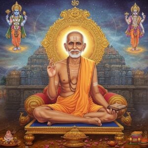 A serene portrait of Vedanta Desika seated in padmasana on an ornate golden lotus platform, wearing traditional white dhoti and angavastram with sacred thread. His elderly face radiates divine wisdom with a gentle smile. His right hand is raised in chinmudra while his left hand holds ancient palm leaf manuscripts. Behind him rises a large, intricately detailed Sri Vaishnava tilak symbol in glowing gold. The background features a ethereal temple architecture with multiple gopurams merging into cosmic mandalas. Floating vishwaroopam visualizations show Lord Vishnu in various forms - Ranganatha, Venkateshwara, and Hayagriva. Soft rays of divine light in pastel blues and golds illuminate the scene while geometric yantra patterns and Tamil/Sanskrit calligraphy float ethereally. The art style combines hyperrealistic rendering with traditional Thanjavur painting elements, creating a mystical atmosphere with rich jewel tones of deep maroon, royal blue, and saffron. Delicate smoke trails of temple incense frame the composition while lotus petals and devotional symbols drift through the mystical scene.