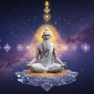 A serene Indian sage in modern minimal white clothing seated in padmasana on a crystalline lotus platform, floating above a cosmic void filled with sacred geometric patterns and golden Sri Yantra. Multiple ethereal layers of reality unfold behind him like transparent veils, each showing different aspects of existence - from gross material to subtle spiritual realms. A luminous Aum symbol radiates golden light at the crown of his head, while his hands form the chinmudra. The background features a gradient from deep indigo to cosmic purple, with floating Vedantic symbols like the rope-snake illusion and the clay-pot metaphor rendered in glowing sacred geometry. Delicate threads of light connect all elements, representing interconnectedness. The lighting is otherworldly with soft highlighting on the sage's peaceful face. Modern digital art style blended with traditional Vedantic iconography, hyperrealistic details, volumetric lighting, and subtle particle effects. The overall composition suggests both profound wisdom and contemporary relevance.