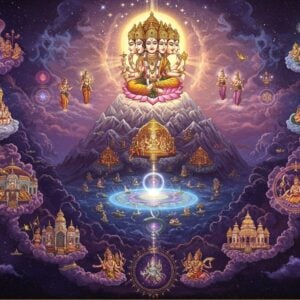 A majestic cosmic scene depicting the fourteen realms of Hindu cosmology arranged in vertical layers, with Mount Meru as a golden crystalline peak at the center. Bhuloka (Earth) shown as a flat disc floating on cosmic waters. Above, the heavenly realms (Swargaloka) illustrated with ethereal palaces of crystal and light, where devas reside amidst glowing clouds. Below, the lower realms (Patala) depicted in deep purples and blues with serpent beings. Lord Brahma seated on a thousand-petaled lotus at the summit, with four heads facing cardinal directions, holding Vedas in his hands. Celestial beings like apsaras and gandharvas float gracefully between realms. The entire scene is framed by the cosmic serpent Ananta Shesha, creating a circular border. Stars, nebulae, and cosmic energies in brilliant golds, deep blues, and vibrant purples swirl throughout. Sacred geometric patterns and mandalas overlay the composition, suggesting divine order. The art style combines traditional Indian miniature painting techniques with modern digital art aesthetics, featuring intricate details and a luminous quality. The scene is lit by divine light emanating from the center, creating a dramatic atmosphere.