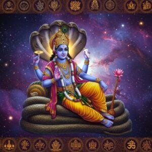 A majestic scene featuring Lord Vishnu in his cosmic form, reclining on the coiled serpent Shesha against a deep cosmic background with swirling galaxies and nebulae in rich purples and blues. Vishnu has four arms - upper right holding the Sudarshan Chakra (glowing golden disc), upper left holding the conch shell Panchajanya, lower right holding the mace Kaumodaki, and lower left holding a lotus flower. His skin is deep blue, wearing golden pitambara and adorned with the Kaustubha gem. From his navel emerges a golden lotus stem bearing Lord Brahma with four heads and four arms holding Vedas. The entire scene is framed by intricate Madhubani-style borders featuring sacred geometric patterns and Vedic symbols like swastikas, om symbols, and yantra designs in metallic gold and saffron. Ethereal light rays emerge from behind, creating a divine aura. The art style combines hyperrealistic digital rendering with traditional Indian art elements, featuring rich jewel tones and intricate details. Multiple smaller vignettes float in the cosmic space showing various mudras and sacred symbols with their geometric construction lines visible in golden light.