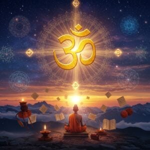 A majestic cosmic scene depicting the eternal cycle of Vedic wisdom, featuring a grand central Om symbol crafted in luminous gold, emanating rays of divine light. The Om floats above a serene Himalayan landscape with snow-capped peaks at dawn. Below, a young Indian sage in modern clothing sits in padmasana on a lotus platform, surrounded by floating ancient Sanskrit manuscripts and vedic symbols. Swirling energy patterns in deep indigo and saffron colors form a spiral around the scene. Multiple translucent sacred geometric patterns and mandalas overlap in the background, creating depth. Sacred elements like a glowing diya, rudraksha beads, and crystalline water represent the five elements. The art style combines hyperrealistic digital rendering with traditional Madhubani patterns. Ethereal light particles and golden threads weave throughout the composition. The color palette features deep royal blues, burnished golds, earthy saffrons, and celestial purples. The overall composition suggests timelessness while maintaining contemporary aesthetic appeal.
