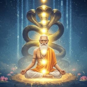 A serene elderly Indian yogi with white hair and beard, dressed in pristine white dhoti and shawl, seated in Padmasana on a glowing lotus platform. His aura emanates in concentric rings of golden light, with seven chakras visible as luminous orbs ascending from base to crown. The background features a large, intricate Kundalini serpent in metallic gold, gracefully coiled three and half times around a central silver spine, rising through ethereal mist. Subtle Madhubani-style patterns in deep indigo and saffron float in the atmosphere. Multiple translucent layers of geometric mandalas rotate slowly behind him. The scene is bathed in a soft, mystical blue light with streams of white energy flowing upward. Small floating lotuses and sacred geometry patterns in pastel hues add depth. The overall composition should be digital art with photorealistic details, emphasizing both traditional Indian spirituality and modern aesthetic sensibilities. Ethereal particles of light dance around the figure, suggesting spiritual energy in motion.