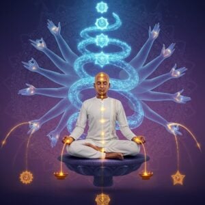 A serene Indian yogi in white kurta seated in padmasana on a floating lotus platform, performing precise acupressure techniques on specific energy points marked by subtle golden light. The figure is surrounded by a spiraling kundalini energy visualized as an ethereal, luminescent serpent in shades of electric blue and white, rising through seven chakras depicted as glowing mandalas. The background features a gradient of deep indigo to soft lavender, with delicate Madhubani-style patterns in gold. Multiple translucent hands in mudra positions emerge from a mandala behind the yogi, demonstrating various pressure points. Floating geometric yantra patterns in gold and white create a framework around the scene. The lighting is soft and ethereal with a focused bright aura around the pressure points. The style combines hyperrealistic digital art with traditional Indian artistic elements, creating a modern spiritual aesthetic. Small streams of energy in orange and white flow between the pressure points, illustrating the energy pathways.
