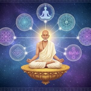 A serene Indian spiritual master in pristine white dhoti and kurta, resembling Vethathiri Maharishi, seated in Padmasana on a floating lotus platform, emanating golden-white aura. His hands positioned in Chin Mudra, eyes peaceful yet powerful. Around him, five translucent circular mandalas representing his core teachings - yoga, meditation, simplified kundalini, physical exercises, and introspection. Each mandala contains modern minimalist symbols in gradient pastels. The background features a cosmic scene with sacred geometry patterns in soft blues and purples, dotted with twinkling stars. Ethereal light beams connect the mandalas to a stylized human silhouette in meditation, suggesting transformation. Modern wellness icons float subtly in the corners - a DNA helix, brain waves, heart rhythm, and balanced chakras, all rendered in metallic gold. The overall composition follows a contemporary digital art style while incorporating traditional Indian Madhubani patterns in the borders. Soft particle effects and lens flares add a magical, contemporary feel.