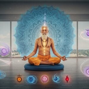 A serene elderly Indian yogi with silver hair and peaceful expression, seated in Padmasana on a floating lotus platform, performing Kayakalpa mudras with both hands. His body emanates a subtle golden aura, with spiraling energy patterns in soft blues and whites flowing around him. He wears simple white dhoti and angavastram. Behind him, a large, intricate mandala in peacock blue and gold represents the subtle energy systems. The background features a modern minimalist meditation space with clean lines, large windows, and natural light. In the foreground, stylized representations of the five elements (earth, water, fire, air, and space) in Madhubani art style float as glowing orbs. Ethereal swirls of prana (life force) in luminescent pastel colors weave through the scene. The lighting is soft and diffused, creating a peaceful atmosphere. The overall composition balances traditional yogic elements with contemporary aesthetic, rendered in a digital art style that combines photorealism with spiritual symbolism.