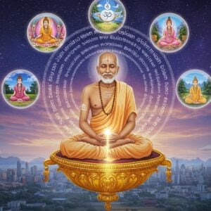 A serene elderly Indian spiritual master with a gentle smile, dressed in simple white dhoti and kurta, seated in padmasana on a floating golden lotus platform. His aura radiates with soft, ethereal blue and white light. Around him, five concentric rings of sacred Tamil scripts transform into modern minimalist symbols representing peace, meditation, yoga, universal energy, and consciousness. The background features a cosmic gradient from deep indigo to morning sunrise colors, with subtle sacred geometry patterns. Floating magical orbs of wisdom in pastel colors surround him, each containing miniature scenes of modern life being transformed through spiritual practice. The art style combines traditional Tanjore painting techniques with modern digital art, featuring rich gold accents and intricate details. Gentle rays of golden light emanate from his meditation pose, touching modern cityscapes below that gradually transform into more harmonious, nature-integrated communities. Soft, glowing mandalas hover in the background, creating a bridge between ancient wisdom and contemporary living.
