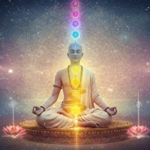 A serene Indian yogi in a pristine white dhoti and shawl, seated in Padmasana on a floating lotus platform, radiating golden energy. A stylized kundalini serpent in metallic gold spirals up along his spine through seven chakras, each chakra depicted as intricate mandalas in their traditional colors (red, orange, yellow, green, blue, indigo, violet). The background features a grand cosmic mandala pattern in soft pastels, with sacred geometry elements. Ethereal light particles and subtle energy streams flow around the figure. Multiple translucent layers show the physical, mental, and spiritual planes of existence. The yogi's face is peaceful, eyes closed in deep meditation, with a soft aura surrounding him. Small floating lotuses and sacred symbols orbit around in a spiral pattern. The overall scene has a modern digital art aesthetic while incorporating traditional Madhubani patterns in the details. The lighting is otherworldly, combining cool blues and warm golds, creating a mystical atmosphere. Hyper-detailed, spiritual digital art, 8k resolution.