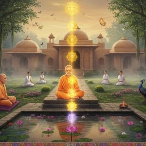 A serene Indian spiritual master in simple white dhoti and shawl, seated in padmasana on a stone platform surrounded by lush green gardens. Behind him, a modern interpretation of a traditional Indian ashram with clean lines and earthen architecture emerges from morning mist. Ethereal golden kundalini energy spirals upward through seven glowing chakra points, rendered in soft, luminescent colors. The scene is dotted with meditation pavilions where students in white clothing practice yoga. Rays of early morning sunlight filter through banyan trees, creating a mystical atmosphere. In the foreground, a beautiful lotus pond reflects the scene, with floating flowers and gentle ripples. The art style combines traditional Madhubani patterns in the borders with modern digital art techniques, using a palette of sunrise gold, pristine white, spiritual purple, and earth tones. Sacred geometry patterns float subtly in the atmosphere, while peacocks and butterflies add living energy to the scene. The overall composition suggests peace, wisdom, and spiritual transformation.