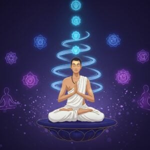 A serene Indian yogi in pristine white dhoti and angavastram, seated in Padmasana on a floating lotus platform, surrounded by a sophisticated, minimalist interpretation of the seven chakras as glowing orbs in their respective colors. The figure radiates a soft, golden aura while performing Vethathiri Maharishi's Sky Viewing meditation pose with hands positioned in chin mudra. Multiple ethereal layers of blue and white energy spirals representing simplified kundalini energy flow upward through the central channel. Background features a modern gradient from deep indigo to soft lavender, with sacred geometry patterns subtly embedded. Floating around the yogi are delicate, translucent visualizations of key SKY yoga positions in golden outlines. The scene is illuminated by gentle, otherworldly light creating a peaceful yet powerful atmosphere. Small particles of light dance around the figure, suggesting spiritual energy. Art style combines traditional Indian artistic elements with contemporary digital aesthetics, emphasizing clean lines and modern minimalism while maintaining spiritual authenticity. The overall composition suggests both ancient wisdom and contemporary accessibility.