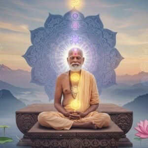 A serene elderly Indian spiritual master in pristine white dhoti and kurta, seated in Padmasana on a carved stone platform, surrounded by a soft golden aura. His eyes are gently closed in deep meditation, face radiating peace with a subtle smile. Behind him, a large, intricate mandala in shades of deep blue and gold pulses with ethereal energy. Multiple translucent layers of his subtle body are visible, showing the kundalini energy rising through seven chakras, each chakra represented by its traditional color. The background features a misty Himalayan landscape at dawn, with soft rays of sunlight filtering through clouds. Floating lotus flowers and spiral energy patterns in pastel hues surround him. The art style merges hyperrealistic digital rendering with traditional Madhubani patterns, particularly in the mandala and energy patterns. A subtle om symbol glows above his head in golden light. The overall composition emphasizes tranquility, wisdom, and spiritual elevation through meditation.