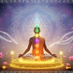 A serene Indian yogi in white dhoti and shawl, seated in Padmasana on a luminous golden lotus platform, performing Kundalini meditation. His spine glows with seven chakras rendered in vibrant colors - violet, indigo, blue, green, yellow, orange, and red. A stylized serpent energy in shimmering gold spirals upward along his spine. The background features a large, intricate Sri Yantra mandala in soft pastel blues and pinks, with sacred geometry patterns radiating outward. Ethereal light particles and subtle energy wisps in white and gold float around him. The scene is set in a mystical space with floating lotus flowers and delicate Sanskrit symbols. Soft glowing orbs of light illuminate the composition. The art style combines traditional Madhubani patterns in the borders with modern digital art techniques, creating a harmonious blend of ancient wisdom and contemporary aesthetics. The lighting is gentle and meditative, with emphasis on the golden and white aura around the yogi. Photorealistic rendering with mystical elements, 8k quality.