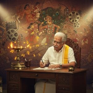 A majestic portrait of an elderly Indian man with distinguished features, silver hair, and intellectual demeanor, dressed in traditional white dhoti and kurta, sitting at an ornate wooden desk with vintage brass lamp. He's writing with a golden pen on parchment paper surrounded by floating musical notes in saffron and gold. Behind him, a dreamy backdrop features iconic scenes from Telugu cinema in Madhubani art style, with dancing figures, film reels, and vintage microphones intertwined with traditional Pattachitra patterns. Soft spotlights in peacock blue and warm gold illuminate the scene. Telugu film artifacts like old-style cameras, film strips, and musical instruments blend seamlessly with Indian motifs like lotus flowers and peacock feathers. The entire composition is framed by an intricate mandala border featuring miniature scenes from classic Telugu movies in rich maroon and gold. The lighting is ethereal with a cinematic quality, creating a mystical atmosphere that bridges classical Indian artistry with modern film aesthetics. Hyper-realistic digital art style with surreal elements.