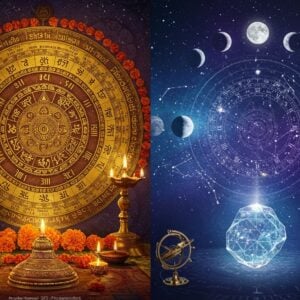A majestic split composition showing two distinct yet interconnected timekeeping systems: on the left, a traditional Indian scene with an ornate golden Panchang (Hindu calendar) adorned with intricate Madhubani-style zodiac symbols and Sanskrit numerals, illuminated by oil lamps and surrounded by marigold flowers. On the right, a modern celestial scene featuring a crystalline digital clock face with Roman numerals, surrounded by constellation patterns and orbiting planets. In the center, a mystical tree of life connects both worlds, its branches holding phases of the moon and the sun. The background features a gradient from deep indigo to cosmic purple, with subtle mandalas and sacred geometry patterns. Soft golden light emanates from the center, creating an ethereal glow. The scene includes traditional Indian astronomical instruments like brass armillary spheres and sundials, alongside modern astronomical elements. The art style combines traditional Indian Pattachitra techniques with contemporary digital art, featuring rich colors like deep blue, burnished gold, and celestial purples. The overall composition suggests the harmonious coexistence of ancient wisdom and modern timekeeping.