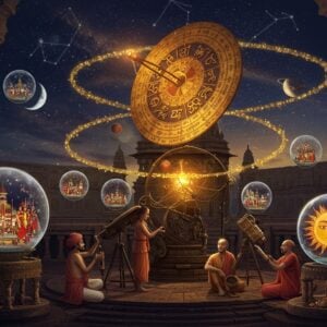 A grand cosmic scene showing an ancient Indian astronomical observatory with intricately carved stone instruments against a deep indigo sky. In the center, a magnificent golden celestial wheel calendar with Sanskrit numerals and zodiac symbols rotates ethereally, emanating soft saffron light. Multiple golden threads of time spiral outward, each transforming into different cultural scripts and number systems. Traditional Indian astronomers in historical attire study celestial bodies through ornate brass instruments. The foreground features a richly detailed Madhubani-style sun and moon in deep maroon and peacock blue. Floating crystal spheres contain miniature scenes of seasonal festivities across India. The background showcases constellations forming patterns of different regional scripts. Ancient temple architecture elements frame the scene with mathematical calculations and astronomical symbols carved in various Indian languages. The lighting is mystical with golden hour warmth, creating an atmosphere of timeless wisdom. Highly detailed digital art with photorealistic texturing and surreal elements, maintaining cultural authenticity with a modern aesthetic approach.
