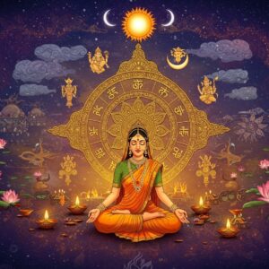 A grand celestial scene depicting the traditional Indian calendar cycle, centered around a massive, ornate golden chakra divided into 12 segments, each representing a month. The chakra floats in a mystical ethereal space with deep indigo and purple cosmic swirls. Around the chakra, traditional Indian zodiac symbols are artistically rendered in Madhubani style with modern digital flourishes. The scene features floating lotus flowers in varying stages of bloom representing different seasons, with small glowing diyas and stars scattered throughout. A serene Indian woman in a flowing saffron silk saree sits in padmasana, her hands positioned in gyan mudra, surrounded by an aura of golden light. Above her, a crescent moon and sun are depicted in traditional Pattachitra style but with a modern metallic sheen. The background includes subtle representations of seasonal changes - spring flowers, monsoon clouds, harvest symbols, and winter elements - all interconnected by swirling, glowing golden threads. The artwork should maintain a balance between traditional Indian art elements and contemporary digital art techniques, with a color palette of deep royal blues, rich golds, burnt orange, and touches of celestial purples.