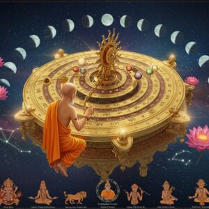 A majestic golden sundial-calendar hybrid structure floating in a celestial space, intricately carved with Sanskrit numerals and zodiac symbols in traditional Madhubani style. The central dial shows nine planets (Navagraha) orbiting in concentric circles, with gleaming gemstones representing each planet. A ethereal Indian sage in saffron robes studies the cosmic device, while behind him, phases of the moon arc across the sky in a beautiful gradient from deep indigo to warm gold. Floating lotus flowers and celestial mandalas frame the scene, with delicate light rays filtering through crystalline geometric patterns. The background features subtly animated constellations and Vedic astronomical symbols rendered in glowing peacock blue and copper tones. Small vignettes around the edges show seasonal festivals and important Hindu celebrations, illustrated in a modern minimalist style with rich maroon and saffron accents. The overall composition combines sacred geometry with surreal astronomical elements, creating a harmonious blend of ancient wisdom and contemporary digital art aesthetics.