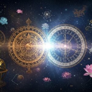 A grand celestial scene featuring two interconnected cosmic clocks floating in a mystical space - one ornate Indian calendar wheel adorned with Sanskrit numerals and zodiac symbols in gold filigree, transforming into a modern Gregorian calendar with Roman numerals. The transformation point glows with ethereal light in soft blues and golds. Indian astronomical symbols and constellations float in the background. Ancient Indian astronomers' tools like armillary spheres and sundials decorated with intricate Madhubani patterns border the scene. Floating lotus flowers and mandalas in pastel hues mark the passage of time. The scene is illuminated by a cosmic light that creates a surreal, spiritual atmosphere. The art style combines traditional Indian astronomical manuscript paintings with modern digital art techniques, featuring rich jewel tones of deep blue, gold, and copper. Small glowing particles and light streaks emphasize the magical transformation between the two calendar systems. The entire composition is framed by an ornate mandala border featuring both traditional Indian and modern timekeeping symbols.