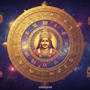 A majestic, ornate golden wheel of time floating in a mystical cosmic space, with intricate Sanskrit numerals etched in traditional Devanagari script. At the center, a regal portrait of King Vikramaditya in royal attire with a jeweled crown, emanating divine light. The wheel is surrounded by 12 zodiac symbols rendered in traditional Madhubani style with rich colors of deep maroon and royal blue. Swirling cosmic energies and constellations in metallic gold and silver create dynamic motion around the wheel. Small vignettes in Pattachitra style showing historical scenes from ancient Ujjain float in the corners. The background features a gradient from deep indigo to cosmic purple, with subtle mandalas and vedic symbols. Glowing threads of light connect various astronomical elements, suggesting the passing of time. Modern digital effects add lens flares and particle effects, while maintaining the traditional Indian art aesthetic. The overall composition is symmetric and balanced, with a surreal and ethereal quality enhanced by soft lighting and a mystical atmosphere.