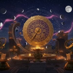 A luminous ancient Indian astronomical observatory under a star-filled night sky, featuring intricately carved marble sundials and celestial instruments inspired by Jantar Mantar. In the center, a large, ornate golden chakra calendar wheel floating and rotating mystically, adorned with Sanskrit numerals and zodiac symbols. Surrounding the wheel, delicate threads of light form constellations and planetary orbits in deep purples and blues. Traditional Hindu festival symbols like diyas, rangoli patterns, and sacred threads float ethereally around the wheel. The scene is illuminated by both moonlight and the warm glow of oil lamps. In the foreground, meticulously detailed brass astronomical instruments rest on marble pedestals with Madhubani-style decorative patterns. The entire composition is framed by flowing ribbons of time showing various phases of the moon and sun. Art style combines hyperrealistic architectural details with mystical Indian astronomical elements, rendered in rich jewel tones of deep blue, gold, and burgundy with accents of glowing amber and silver. Atmospheric lighting creates a sense of timeless wisdom and cosmic connection.