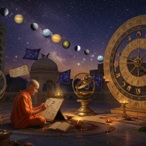 A majestic Indian astronomical observatory setting at twilight, featuring intricately carved marble sundials and celestial instruments inspired by Jantar Mantar. In the foreground, a young Indian sage in saffron robes studies ancient Sanskrit scrolls depicting astronomical calculations. The background shows a spectacular cosmic visualization with the nine planets aligned according to Hindu astrology, rendered in deep indigo and gold. Floating celestial charts with intricate Madhubani-style borders show the phases of the moon. The scene is illuminated by ethereal golden light, with swirling constellations and zodiac symbols rendered in glowing dots. Traditional brass astronomical instruments lie scattered around, their surfaces reflecting soft light. A large, ornate chakra-like calendar wheel dominates one side, decorated with Sanskrit numerals and astronomical symbols in gold leaf. The color palette features royal purple, deep blue, burnished gold, and saffron, with hints of cosmic nebula colors. The art style combines hyperrealistic astronomical details with traditional Indian artistic elements, creating a mystical yet scientific atmosphere. Small floating diyas and lotus flowers add spiritual elements to the scene. The overall composition suggests both ancient wisdom and timeless knowledge.