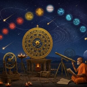 A cosmic scene depicting an ancient Indian astronomical observatory with traditional stone and brass instruments against a deep indigo night sky. In the center, a large ornate golden chakra-like calendar wheel with intricate Devanagari numerals and zodiac symbols etched in Sanskrit. The wheel is surrounded by nine celestial spheres representing the Navagrahas, each emitting their characteristic colors - Mars in red, Venus in white, Jupiter in yellow. Streaking across the sky, shooting stars and cosmic trails form spiral patterns reminiscent of traditional Madhubani art. In the foreground, a modern-looking Indian sage in ochre robes studies celestial movements through an antiquated telescope while referring to palm leaf manuscripts. The scene is illuminated by floating diyas and the soft glow of constellations. The color palette combines deep blues, burnished gold, and copper with accents of saffron and turquoise. The art style merges hyperrealistic astronomical details with ethereal Indian artistic elements, creating a mystical atmosphere. Translucent mandalas float in the background like cosmic energy patterns.