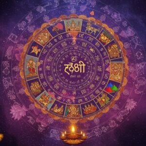 A magnificent circular Hindu calendar mandala floating in ethereal space, with intricate Madhubani-style artwork depicting major festivals through symbolic elements - a glowing Diwali diya in gold, colorful Holi powders, Ganesh idol for Ganesh Chaturthi, and Durga's trident for Navratri. The center features the Vikram Samvat number 2081 in an ornate Sanskrit-inspired design. The entire calendar is surrounded by a cosmic spiral of constellations and zodiac symbols in traditional Indian art style. The color palette includes deep royal purple, celestial blue, burnished gold, and saffron. Heavenly rays of light emerge from behind the mandala, creating a divine aura. Small vignettes of festival celebrations appear around the edges with Indian families in traditional attire. The artwork combines photorealistic elements with mystical Indian art patterns, creating a harmonious blend of ancient and modern aesthetics. Delicate lotus flowers and peacock feathers frame the composition, with subtle sacred geometry patterns in the background.