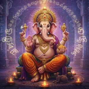 A majestic Lord Ganesha in deep meditation pose, seated on a carved lotus throne, with four arms - holding modak in lower right, broken tusk in upper right, noose in upper left, and blessing mudra in lower left. His form emanates a divine golden aura with intricate Madhubani-style patterns. Surrounding him are floating, ethereal Tamil script letters transforming into streams of light, creating a mystical mandala. The background features a cosmic temple corridor with soft purple and blue hues, decorated with traditional kolam patterns. Delicate lotus petals and sacred smoke wisps float in the air. Lord Ganesha's trunk is gracefully curved towards his left, wearing rich maroon and saffron silk vestments adorned with intricate golden jewelry. His mouse companion sits devotedly at the base. The scene is illuminated by gentle divine light creating a serene, otherworldly atmosphere with subtle sparkles and energy streams, rendered in a blend of traditional Indian art and modern digital aesthetics.