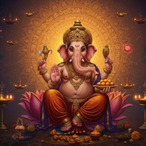 A majestic Lord Ganesha in his traditional form seated in padmasana on a golden lotus throne, with four arms - right upper hand holding ankusha (elephant goad), right lower hand holding his broken tusk, left upper hand holding a pasha (noose), and left lower hand holding a modak. His trunk is elegantly curved towards a plate of modaks. He wears rich silk vastram in deep maroon with intricate gold borders. Behind him is a large, glowing mandala in shades of saffron and gold with Tamil script patterns subtly woven into its design. Ethereal blue and purple aura surrounds him. The background features floating lotus flowers and peacock feathers in Madhubani art style. Diya lamps with soft glowing flames border the scene. The lighting is mystical with warm golden rays emanating from Ganesha's form. His eyes are peaceful and knowing, with a subtle smile. The scene has a surreal quality with floating spiritual symbols like Om and swastikas in a contemporary minimalist style. The color palette includes deep maroons, royal purples, saffron, and gold with accents of peacock blue.