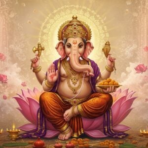 A majestic Lord Ganesha seated in padmasana on an ornate golden lotus throne, his four arms holding a broken tusk, modak, noose, and ankusha. His elephant head detailed with intricate Madhubani-style patterns in gold and saffron. A large, glowing mandala halo surrounds him, filled with Tamil script patterns that fade into ethereal light. His trunk is gracefully curved towards a plate of modaks. He wears rich silk vestments in deep maroon with gold embroidery, adorned with precious gems and traditional jewelry. The background features floating lotus flowers in soft pastels, with streams of divine light in pale pink and warm gold. Mystical smoke with embedded sacred Tamil characters swirls around him. The scene has a surreal, spiritual quality with soft lighting highlighting the golden elements. Art style merges traditional Indian Pattachitra techniques with modern digital art aesthetics, emphasizing divine radiance and serenity. The overall composition suggests wisdom, devotion, and spiritual enlightenment.