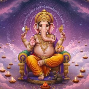 A majestic Lord Ganesha seated in Padmasana on an ornate golden lotus throne, his four arms holding his signature items - broken tusk in upper right, modak in lower right, noose in upper left, and axe in lower left. His elephant head adorned with an intricate golden crown studded with rubies and emeralds. A large, glowing purple-golden mandala forms behind him, radiating divine energy. Sanskrit verses of Vinayagar Agaval appear as shimmering light particles dancing around him. The scene is set in a ethereal cosmic space with soft pastel clouds in shades of pink and lavender. Traditional Madhubani-style decorative patterns frame the corners, merging into modern digital art elements with subtle gradient effects. Floating diyas with gentle flames surround him, casting a warm golden glow. His trunk is curved towards his left, holding a modak. The background features subtle sacred geometry patterns in gold and deep blue. His mouse companion sits devotedly at the base of the lotus throne. The overall mood is serene and divine with a contemporary aesthetic appeal.
