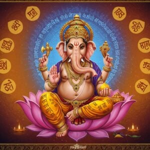 A majestic Lord Ganesha depicted in a contemporary fusion style, seated in padmasana on a golden lotus throne. His four hands hold traditional items - broken tusk, modak, noose, and ankusha. His elephant head is adorned with intricate jewels and a crown featuring Tamil, Sanskrit, and Telugu script motifs. Behind him, a large circular mandala glows with ethereal blue and gold light, with sacred syllables from different Indian languages floating like sparkling stars. The background features subtle watercolor-style transitioning from deep maroon to saffron. Multiple lotus flowers in various stages of bloom float around him, each containing different regional scripts. Soft rays of divine light emanate from his form. His trunk is curved towards his left palm holding the modak. The scene incorporates Madhubani-style decorative patterns in the borders and Pattachitra-inspired fine line work in the details. The color palette includes rich peacock blue, royal gold, deep maroon, and soft pastel highlights. The overall composition creates a serene yet powerful atmosphere, with a perfect blend of traditional iconography and modern digital art aesthetics.