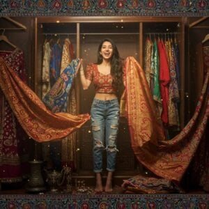A stylized wardrobe bursting open with vibrant vintage Indian textiles, featuring a beautiful young Indian woman in her mid-20s joyfully discovering treasures. She's wearing modern fusion clothing - ripped jeans paired with a repurposed vintage silk saree as a crop top. The wardrobe displays a mix of traditional and modern pieces - hanging Banarasi sarees in jewel tones, vintage Nehru jackets, retro Bollywood-style dresses from the 70s, and classic denim. Ethereal golden light streams through, illuminating floating fabric pieces creating a magical realism effect. The scene is framed by intricate Madhubani-style borders featuring peacocks and lotus motifs in deep indigo and gold. Small details include antique brass hangers, old-school trinkets, and classic Indian jewelry pieces scattered throughout. The color palette focuses on rich jewel tones - royal purple, emerald green, deep red, and vintage gold, with modern pastel accents. The overall composition should feel like a treasure hunt scene, with the aesthetic mixing traditional Indian art elements with contemporary fashion photography style.