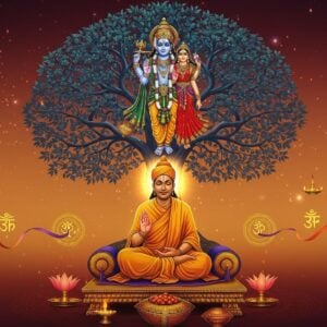A serene, ethereal scene depicting Sri Ramanuja in traditional ochre robes seated in padmasana on a golden lotus platform, radiating divine light. Behind him, a massive cosmic tree emerges, its branches forming the shape of Vishnu with Lakshmi. The tree's leaves are intricate mandalas in deep blue and gold, representing the interconnected nature of existence. Three concentric circles of light emanate from Ramanuja - the innermost pure white (representing Brahman), middle golden (representing individual souls), and outer circle in peacock blue (representing prakriti). Floating secondary elements include stylized lotuses, vedic symbols, and flowing ribbons with Srivaishnava tilak patterns. The background features a gradient from deep maroon to saffron, with subtle digital particle effects creating a modern aesthetic. The scene combines Madhubani-style decorative elements with contemporary digital art techniques, creating a harmonious blend of traditional and modern. Ramanuja's face is serene and compassionate, with eyes slightly open in meditation. The lighting is warm and divine, with soft golden rays illuminating the entire composition from above.