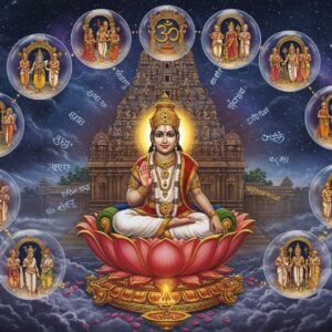 A serene composition showing Sri Ramanuja in traditional white dhoti and angavastram, seated in padmasana on an ornate golden lotus platform, surrounded by multiple translucent spheres containing different cultural representations. Each sphere contains miniature scenes with scholars in their traditional attire - Sanskrit pundits in dhoti, Tamil scholars in veshti, Hindi scholars in kurta-dhoti. The spheres are connected by flowing streams of golden light forming the shape of the sacred Om symbol. Ramanuja's form radiates a soft golden aura, his hands in chin mudra. Behind him rises a massive carved temple gopuram with intricate Dravidian architecture details. The background features a cosmic mandala pattern in deep blues and purples with Sanskrit, Tamil, and Hindi scripts subtly woven into its design. Floating lotus petals and spiritual symbols like conch and chakra appear ethereally in the scene. The lighting is mystical with god rays breaking through clouds, creating a divine atmosphere. Style combines traditional Tanjore painting elements with modern digital art techniques, emphasizing rich colors like deep maroons, royal blues, and burnished gold.