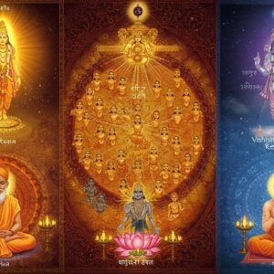 A grand cosmic scene showing three distinct but interconnected realms arranged vertically. At the top, a radiant golden light representing Brahman merges with a divine figure (symbolizing individual soul) in the Advaita realm. In the middle section, the Vishishtadvaita realm shows multiple souls as golden sparks connected to a central divine light through flowing streams of consciousness, decorated with intricate Madhubani-style patterns in deep maroon and saffron. The bottom section depicts the Dvaita philosophy with clearly separated divine light and individual souls, surrounded by peacock blue mandalas. The entire composition is framed by a large, ornate Sanskrit-style border with lotus motifs and geometric patterns. Three ancient Indian sages in traditional attire (Adi Shankara, Ramanuja, and Madhvacharya) are seated in meditation poses at their respective levels. The artwork combines hyperrealistic digital rendering with traditional Indian art elements, featuring a color palette of gold, deep maroon, saffron, and peacock blue. Ethereal light rays and subtle sacred geometry patterns connect all three realms, while floating lotus flowers and glowing symbols add depth and spirituality to the scene.