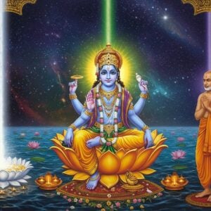 A serene cosmic scene showing Lord Vishnu in his celestial form, seated in padmasana on a thousand-petaled golden lotus, with four hands holding sankha, chakra, gada, and padma. His form emanates a divine blue aura merging with swirling golden light patterns. Three distinct streams of light emerge from him - one pure white (representing the individual soul), one emerald green (representing matter), and one deep blue (representing the Supreme Reality), all interconnecting in an intricate mandala pattern. The background features the cosmic ocean of milk with floating lotuses and stars. Ramanuja, depicted as a saint in saffron robes with traditional namam tilak, stands respectfully to one side, his hands in anjali mudra. The scene is rendered in a fusion of traditional Tanjore art style with modern digital aesthetics, using rich gold leaf effects, deep peacock blues, and saffron hues. Ethereal light particles and sacred geometric patterns float in the space, while subtle Vedic scriptures manifest as glowing energy forms. The overall composition creates a harmonious blend of the three tattvas of Vishishtadvaita