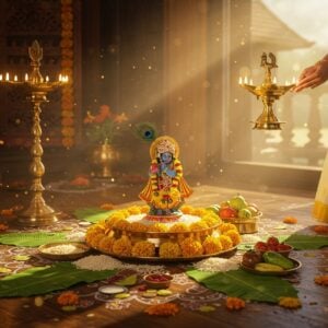 A radiant traditional Kerala home interior during dawn, with golden sunlight streaming through windows. A meticulously arranged Vishu Kani display on brass altar featuring a gleaming Krishna idol centered among fresh yellow konna flowers (Indian laburnum) arranged in traditional bell-metal vessel (uruli). Sacred items including raw rice, yellow cucumber, betel leaves, coins, and mirror perfectly positioned in a circular pattern. A traditional Kerala woman in cream and gold kasavu saree performing the ritual, her hands gracefully holding a traditional brass lamp with multiple wicks. The scene illuminated by both morning sun rays and oil lamps, creating ethereal golden aura. Intricate kolam patterns on floor with Kerala-style architecture visible in background. Banana leaves with fresh fruits and vegetables arranged symmetrically. Style combines hyperrealistic digital art with traditional Malayali architectural elements, featuring rich gold, cream, and yellow color palette with deep contrasts. Ambient lighting creates a spiritual atmosphere with subtle lens flares and floating illuminated particles.
