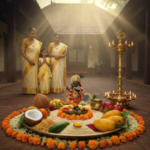 A grand traditional Kerala home courtyard at dawn, illuminated by golden sunlight, featuring an elaborate Vishukkani arrangement on a brass circular plate (uruli). The centerpiece shows a majestic Krishna idol adorned with gold, surrounded by freshly picked yellow konna flowers (Indian laburnum) arranged in perfect symmetry. The arrangement includes traditional elements: raw rice, yellow cucumber, betel leaves, gold-colored fruits, a brass mirror, and traditional Kerala fabric (kasavu). Fresh coconuts split in half reveal white flesh, placed alongside ripe yellow mangoes and bananas. A traditional brass Nilavilakku (lamp) burns with multiple wicks, casting a warm glow. In the background, a grandmother in an ivory and gold Kerala kasavu saree guides her granddaughter, dressed in a similar traditional attire, to view the Vishukkani. The scene features intricate Malayali architecture with wooden pillars and clay roof tiles. Soft morning mist adds an ethereal quality, while rays of sunlight create divine light beams through the courtyard. The overall composition combines photorealistic detail with magical morning lighting, emphasizing the spiritual significance of the festival. The color palette focuses on golds, yellows, and ivory white, with deep brown wooden elements.