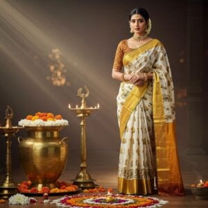 A stunning young Indian woman in a contemporary-styled Kerala kasavu saree with golden border, draped elegantly over a sleek, modern blouse design with intricate golden threadwork. The saree features a blend of traditional temple motifs and modern geometric patterns. She stands gracefully in front of a minimalist backdrop adorned with large brass uruli filled with floating fresh mogra flowers and traditional Kerala bronze lamps (nilavilakku). A modern interpretation of a traditional pookalam (flower rangoli) with golden marigolds and white chrysanthemums spreads at her feet. Rays of warm morning sunlight filter through a contemporary interpretation of traditional Kerala architecture with wooden pillars and carved details. She wears contemporary gold temple jewelry including statement jhumkas, layered neckpiece, and bangles. Her hair is styled in a modern messy bun adorned with fresh jasmine flowers. The scene combines deep ivory, burnished gold, and rich bronze tones with subtle peacock blue accents. Soft bokeh effects and gentle lens flares add to the dreamy, aesthetic quality. Digital art style merging traditional Keralan art elements with modern fashion photography aesthetics, hyperrealistic rendering.