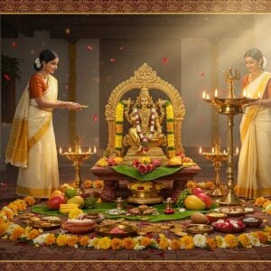 A majestic Kerala home courtyard setting at dawn with golden sunlight filtering through, featuring an ornate traditional brass Vishu Kani arrangement on a carved wooden platform. The centerpiece is a gleaming brass Vishnu idol in seated position on a banana leaf, surrounded by yellow kani konna flowers in full bloom arranged in traditional bell-metal uruli. Fresh fruits like mangoes and jackfruits, polished rice mirrors, gold coins, and traditional Malayalam texts create a symmetric pattern around the idol. A traditional Kerala brass lamp (nilavilakku) with multiple wicks burns brightly, casting a warm glow. Two women in cream and gold Kerala kasavu sarees perform the traditional viewing ritual, their faces illuminated by the lamp's glow. The scene features intricate Madhubani-style border patterns in gold and deep maroon, with stylized lotus motifs. Soft rays of light create a ethereal atmosphere with subtle sparkles and floating flower petals. The color palette focuses on traditional Kerala gold, cream, yellow, and deep greens, with a surreal, spiritual ambiance enhanced by morning mist and dew drops on konna flowers.