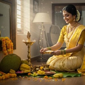 A radiant young Indian woman in an elegant cream and gold Kerala kasavu saree performing Vishukkani ritual, arranging traditional brass items in front of an ornate mirror. The scene features a meticulously arranged traditional Vishu kani setting with fresh yellow konna flowers in full bloom, ripe yellow jackfruits, golden-hued bananas, shining brass uruli filled with rice, and a traditional nilavilakku (oil lamp) casting warm golden light. The background showcases a modern Kerala home interior with contemporary minimalist furniture blending seamlessly with traditional elements. Soft morning sunlight streams through window, creating a magical atmosphere with golden rays illuminating the brass items. The woman wears traditional temple jewelry including nettichutti, jimmiki, and bangles that sparkle in the dawn light. The composition follows Madhubani art style with intricate patterns in the borders, while maintaining modern digital aesthetics with soft bokeh effects and ethereal lighting. The color palette focuses on gold, yellow, cream, and deep greens from the fresh plantain leaves used in the setting. Hyper-realistic 8k quality, cinematic lighting, showing both traditional authenticity and contemporary sophistication.